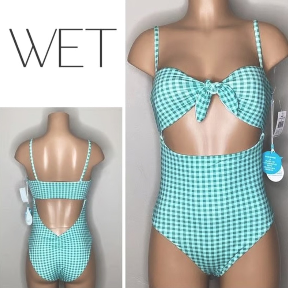 NET WET swimwear one piece swimsuit Jade Gingham green women large cutout ruched
